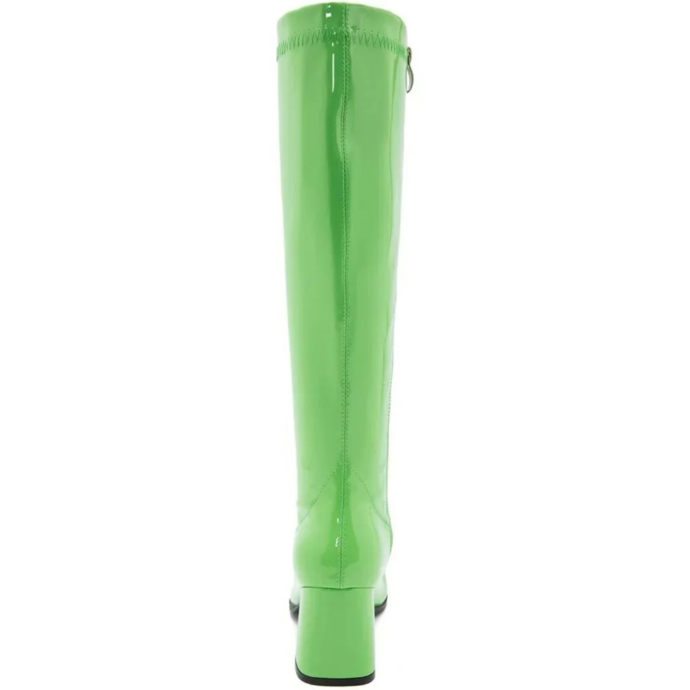 Women's Green Gogo Boots Knee High Block Heel Square Toe 60s 70s Disco Costume - Picture 4 of 7